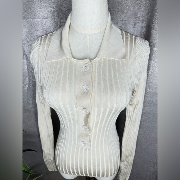 NEW GOOD AMERICAN Women’s Ribbed-Knit Polo Sweater in Ecru Sz 00/0 - Picture 4 of 13